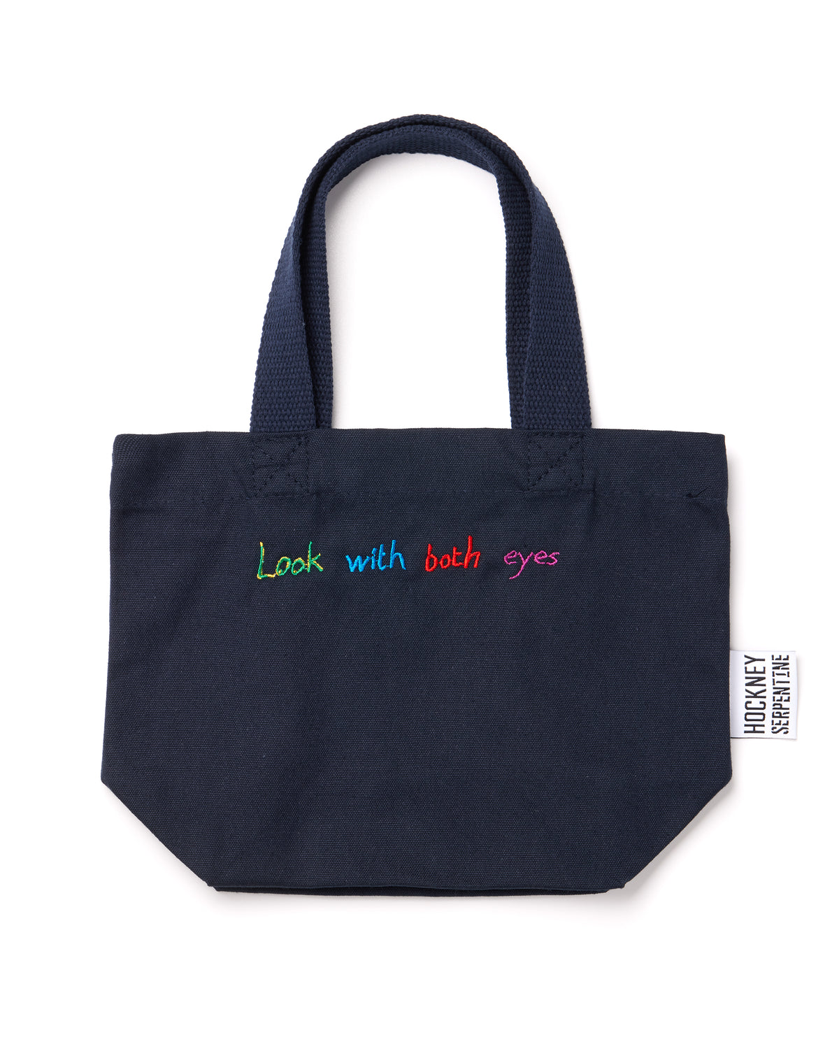 Navy tote bag with colorful text on a white background