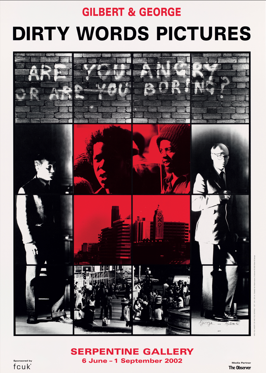 A poster for the film 'Dirty Words Pictures' by Gilbert & George, featuring a collage of black-and-white portraits and scenes with a central red-tinted panel. The top reads 'GILBERT & GEORGE' and 'DIRTY WORDS PICTURES' in red and black text, and the bottom reads 'SERPENTINE GALLERY' with dates.