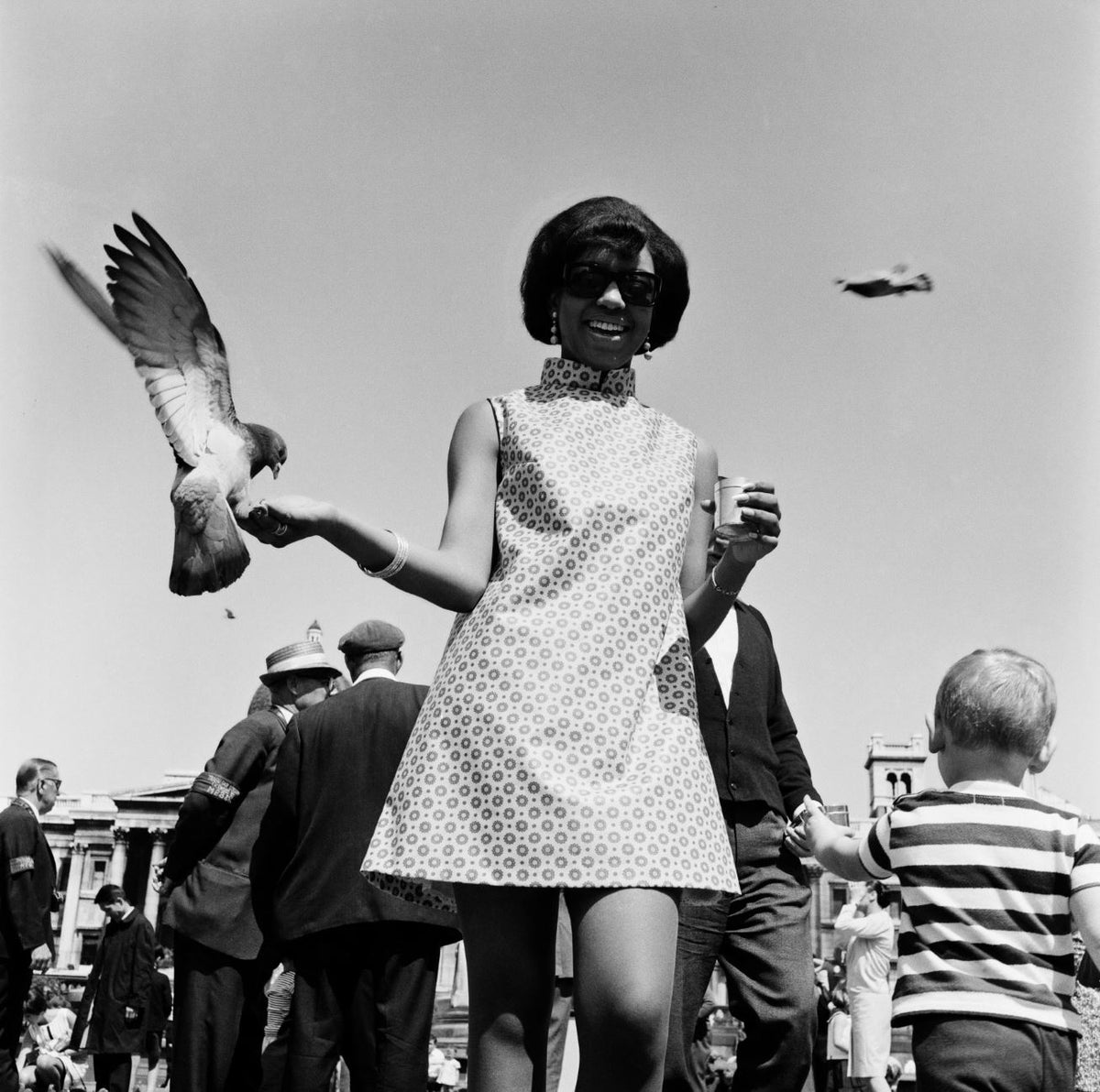 Drum cover girl Erlin Ibreck at Trafalgar Square, London, 1966