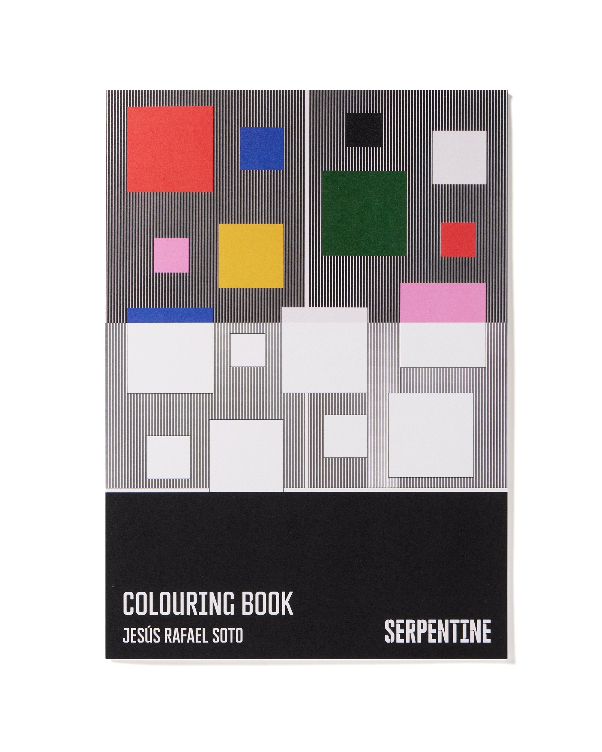Serpentine Colouring Book by Jesús Rafael Soto, featuring a modern geometric cover design with colored squares on a striped gray background and a black bottom band with white text.