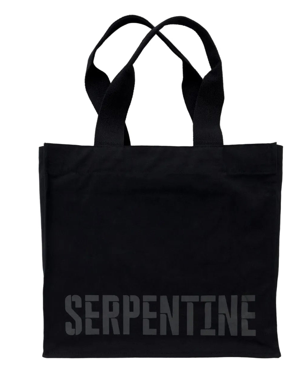 Black tote bag with 'SERPENTINE' branding on a white background